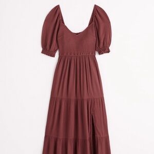 Abercrombie & Fitch Short-Sleeve Smocked Midi Dress | Burgundy